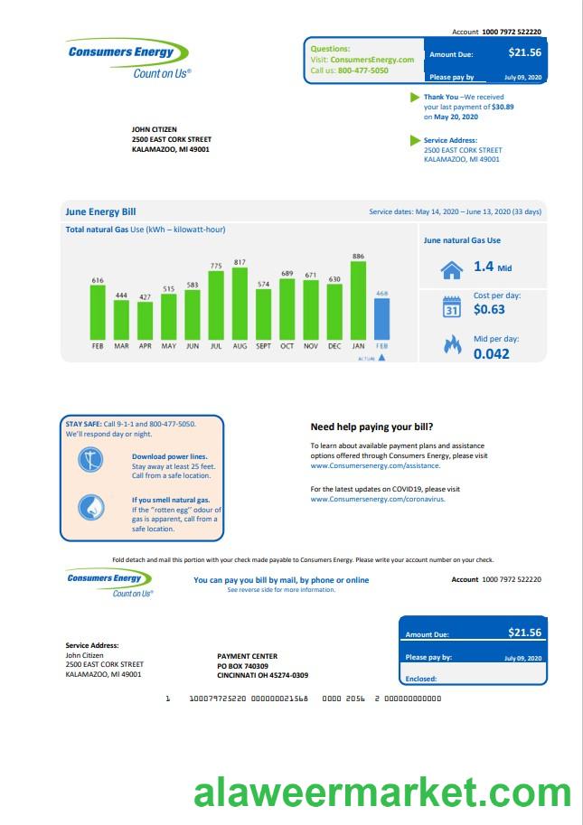 USA Michigan Consumers Energy utility bill template in Word and PDF format
